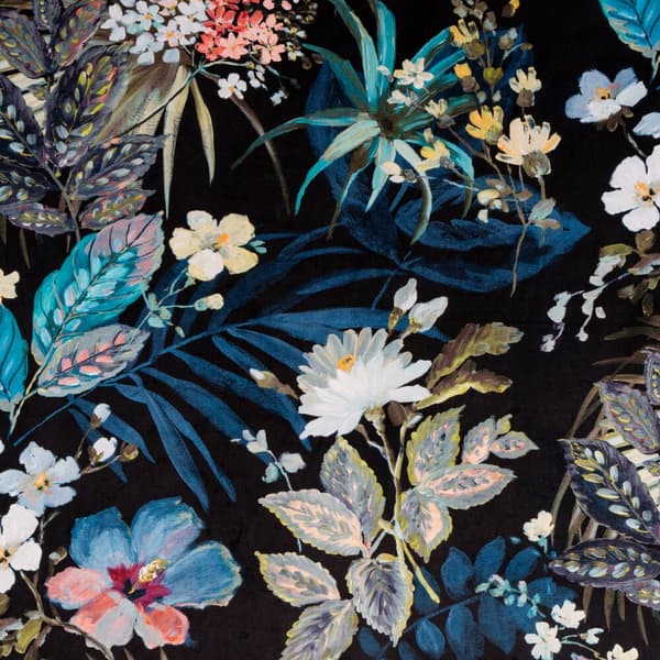Færdiglavet gardin med øjer ALANI 140x270 Eurofirany sort blå botaniske motiv blomster