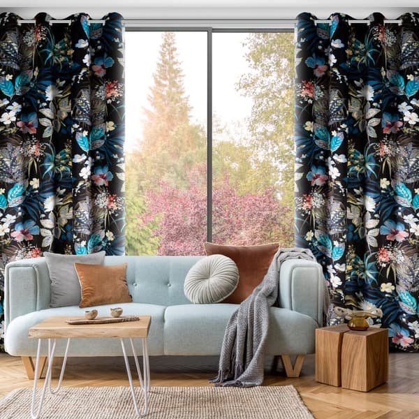 Færdiglavet gardin med øjer ALANI 140x270 Eurofirany sort blå botaniske motiv blomster