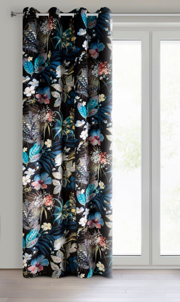Færdiglavet gardin med øjer ALANI 140x270 Eurofirany sort blå botaniske motiv blomster
