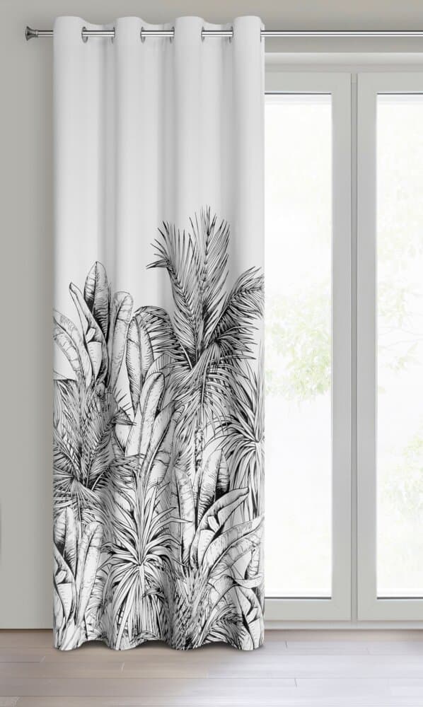 Færdiglavet gardin med øjer NERINA 140x250 Eurofirany hvid med sort botanisk motiv
