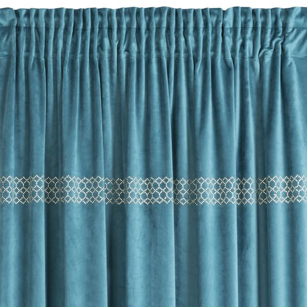 Valmis verho teipillä JOVITA 140x270 Eurofirany tumma turkoosi sametti koristeltu tekojalokivivyöllä