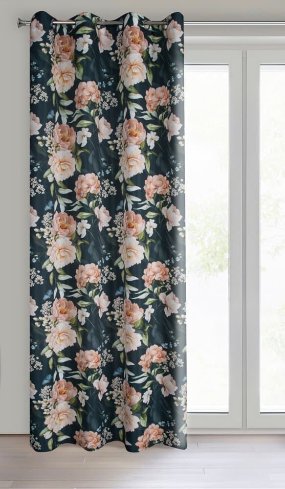 Færdiglavet gardin med øjer SALMA 140x270 Eurofirany sort pink med roser