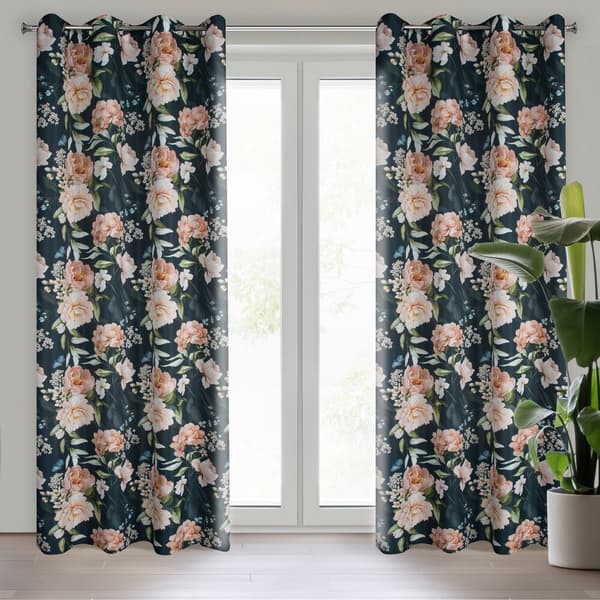Færdiglavet gardin med øjer SALMA 140x270 Eurofirany sort pink med roser