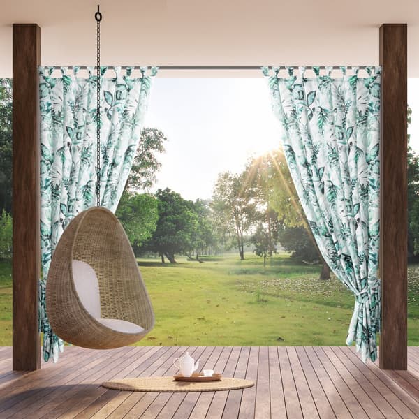 Färdiggjord gardin med hängslen, vattentät, GARDEN2 155x260, trädgård, vit, grön, botaniskt motiv