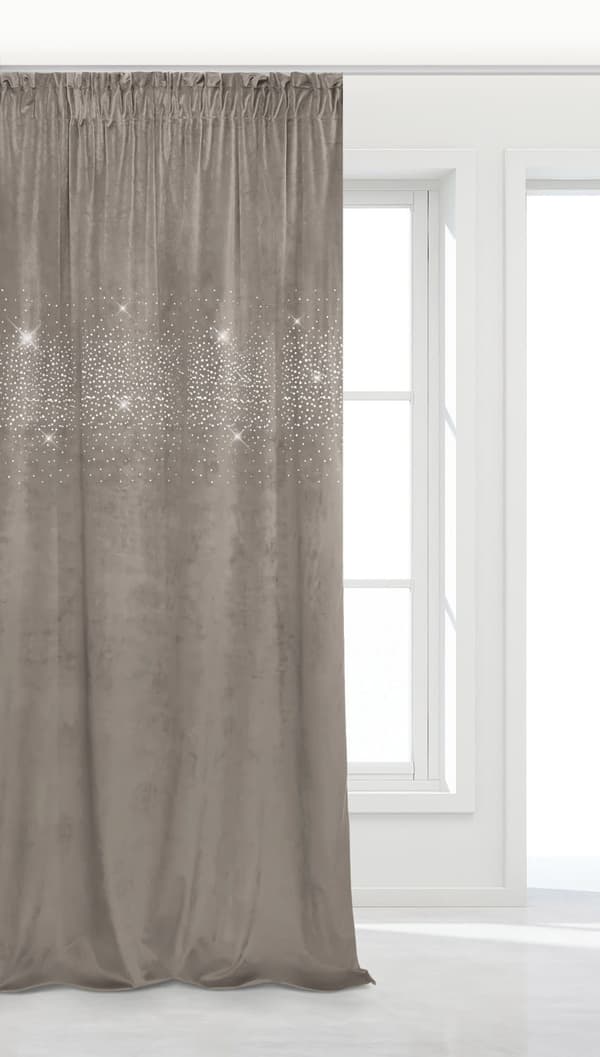 Valmis verho teipillä Kiiltävä 140x270 veluuri kristalleilla tummanbeige