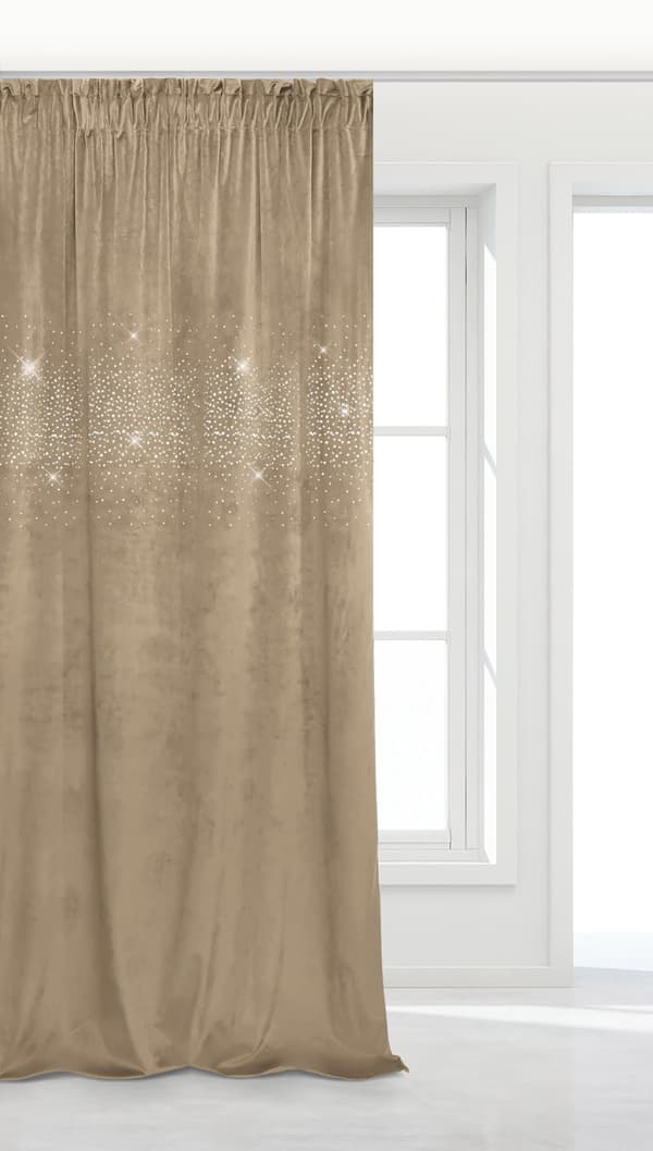 Færdiglavet gardin på tape Skinnende 140x270 fløjl med krystaller beige