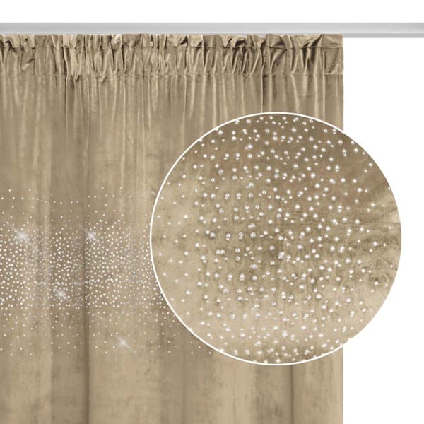 Færdiglavet gardin på tape Skinnende 140x270 fløjl med krystaller beige