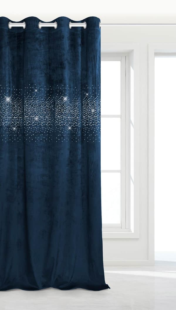Færdiglavet gardin med øjer Skinnende 140x250 velour med krystaller marineblå