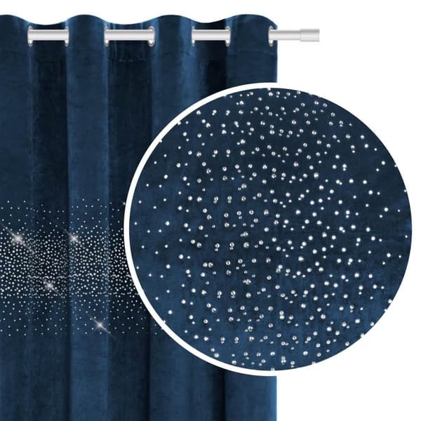 Færdiglavet gardin med øjer Skinnende 140x250 velour med krystaller marineblå
