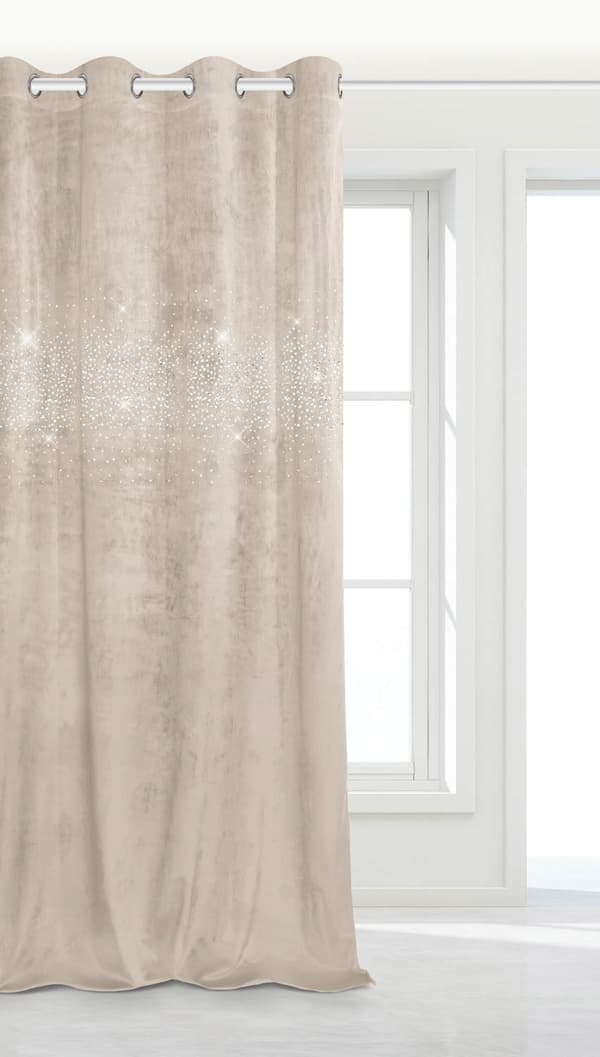Färdig gardin med öljetter Glänsande 140x250 sammet med kristaller beige