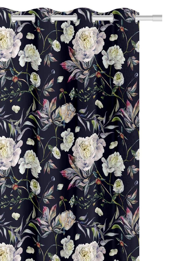 Færdiglavet gardin med øjer PEONY 140x250 sorte pæonblomster