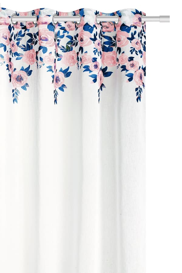 Färdig gardin med öljetter MANSION 140x250 vita rosa marinblå rosor