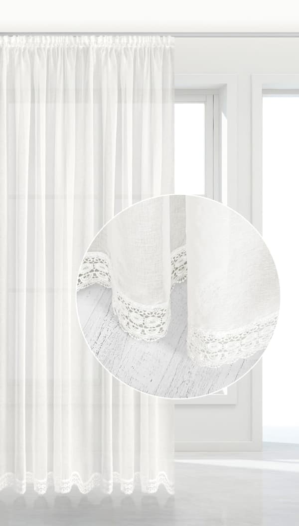 Färdig gardin på tejp CELIA 140x270 vit med spets