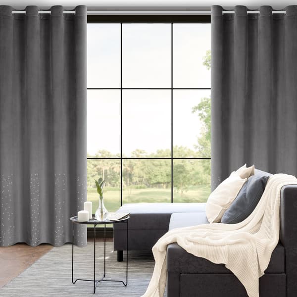 Färdig gardin med öljetter ARIADNA 140x250 Eurofirany grafit sammet dekorerad med strass