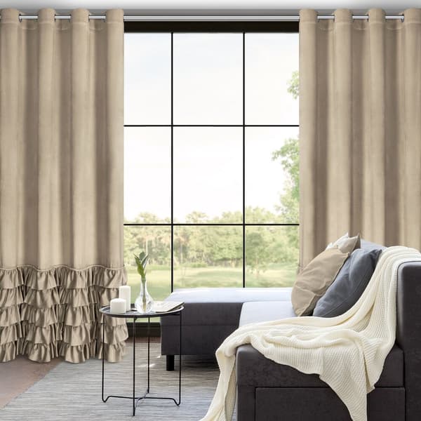Færdiglavet gardin med øjer CARLI 140x250 Eurofirany fløjl mørk beige flæser zirkoner
