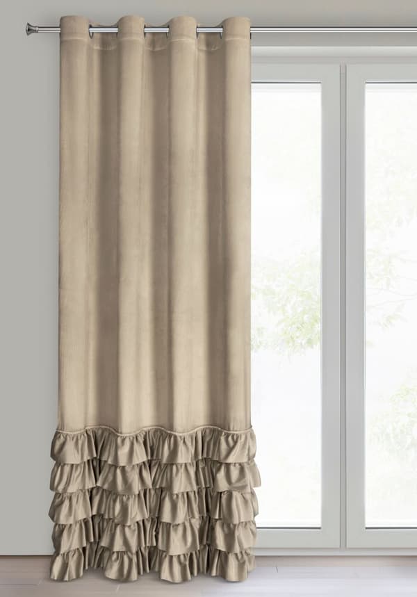 Færdiglavet gardin med øjer CARLI 140x250 Eurofirany fløjl mørk beige flæser zirkoner