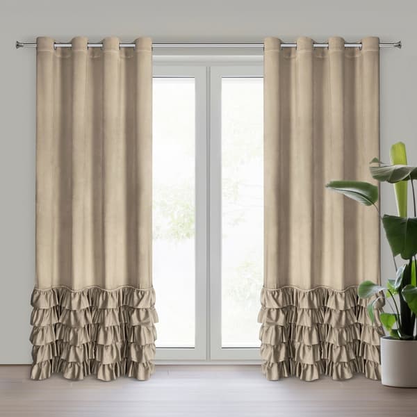 Færdiglavet gardin med øjer CARLI 140x250 Eurofirany fløjl mørk beige flæser zirkoner