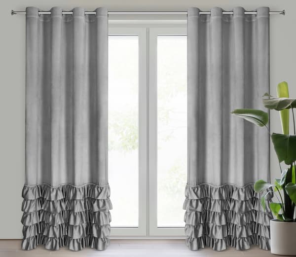 Färdiggjord gardin med öljetter CARLI 140x250 Eurofirany sammet silver volanger zirkoner