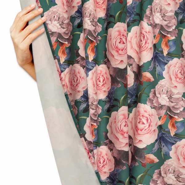 Valmis verho silmukoilla Rose Dark 140x250 sametinvihreät ruusut