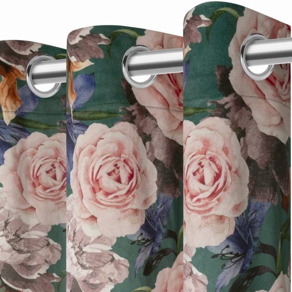 Færdiglavet gardin med øjer Rose Mørke 140x250 fløjlsgrønne roser