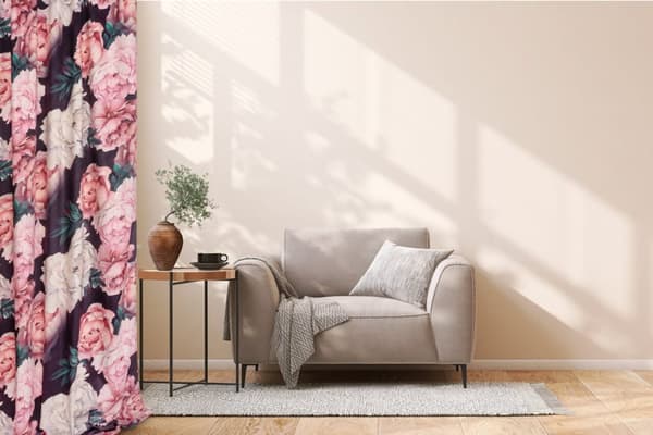 Valmis verho silmukoilla Pioni Tumma 140x250 samettikukkia pionit