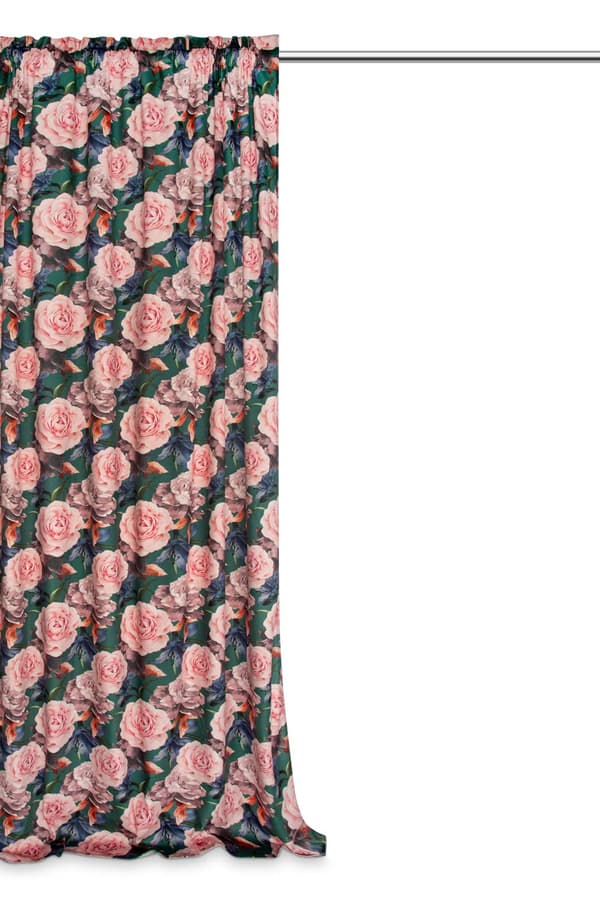 Valmis verho teipillä Rose Dark 140x270 sametinvihreitä ruusuja