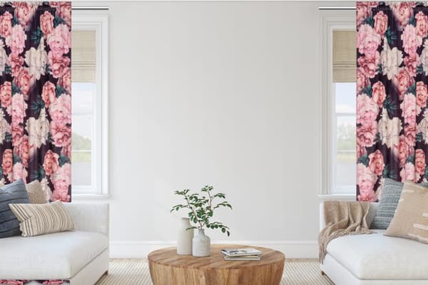 Færdiglavet gardin på tape Peony Dark 140x270 fløjlsblomster pæoner