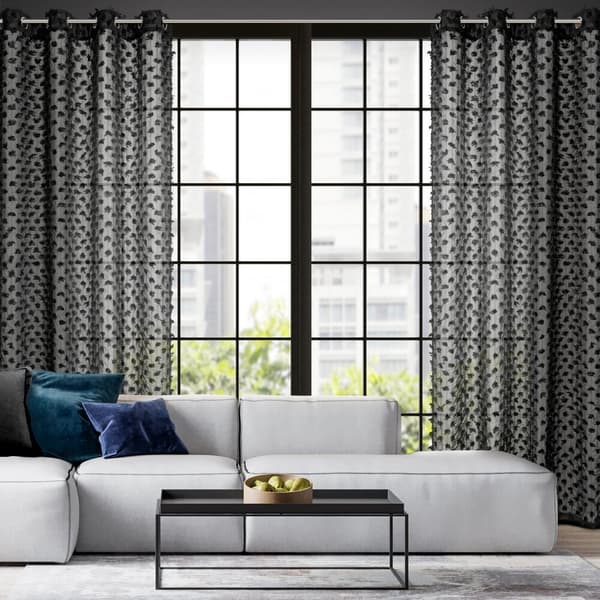 Færdiglavet gardin med øjer AURELIA 135x250 Eva Minge Eurofirany sorte chiffon pomponer