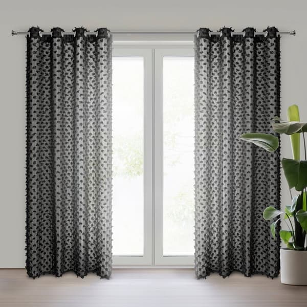Færdiglavet gardin med øjer AURELIA 135x250 Eva Minge Eurofirany sorte chiffon pomponer