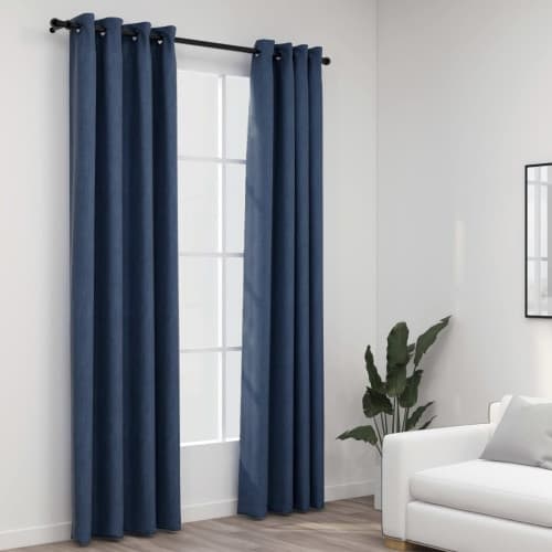 Mörkläggningsgardin med öljetter linnelook 2 st blå 140x225cm