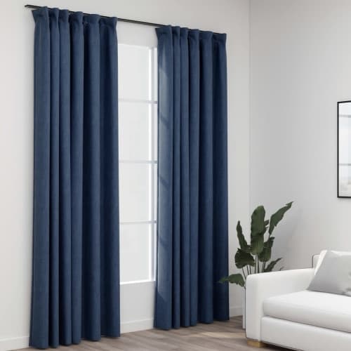 Mörkläggningsgardiner med krokar linnelook 2 st blå 140x245 cm