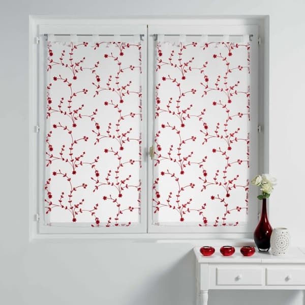 Raka par öglor 2 x 60 x 160 cm sand voile broderad liten blomma Vit/Röd