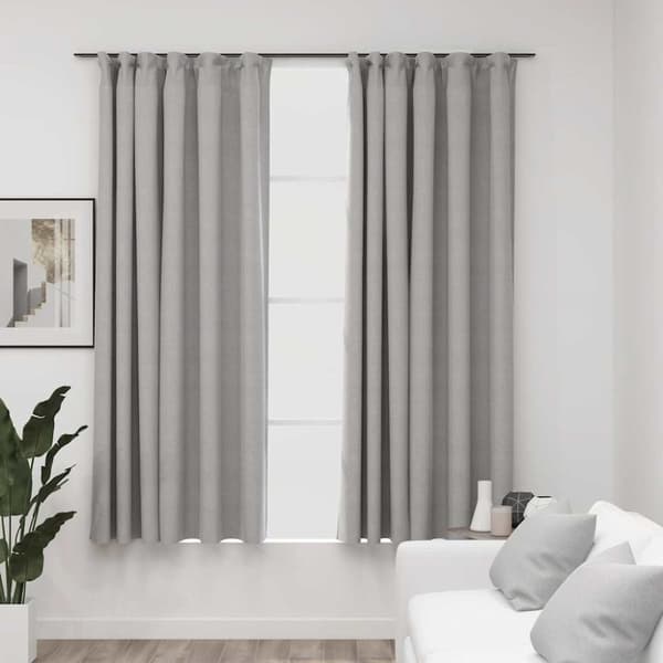 Mörkläggningsgardin med krokar linnelook 2 st grå 140x175 cm