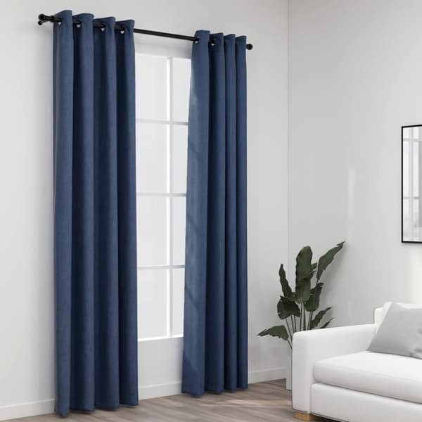 Mörkläggningsgardin med öljetter linnelook 2 st blå 140x225cm