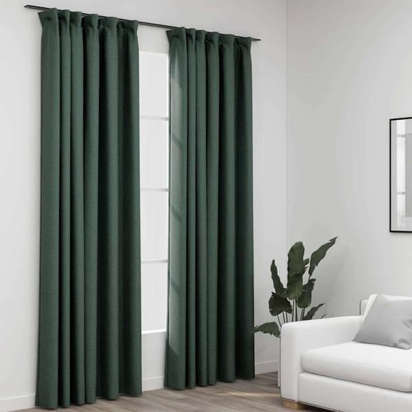 Mörkläggningsgardin med krokar linnelook 2 st grön 140x245 cm