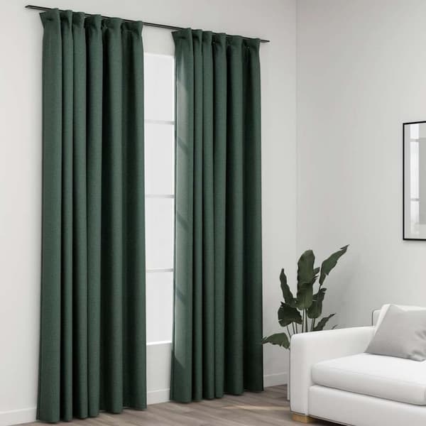 Mörkläggningsgardin med krokar linnelook 2 st grön 140x225 cm