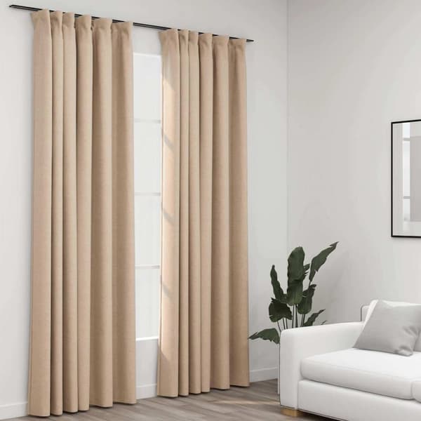 Mörkläggningsgardin med krokar linnelook 2 st beige 140x245 cm