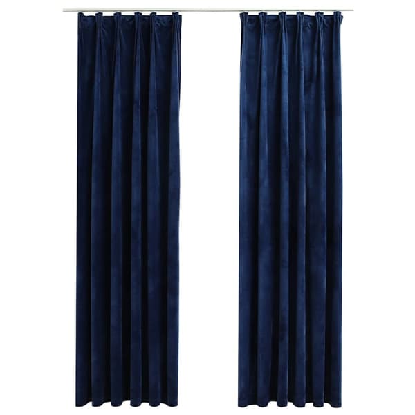 Mörkläggningsgardiner 2 st med krokar sammet mörkblå 140x225 cm