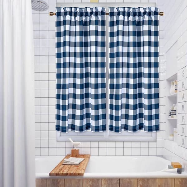 Blå Gingham Kort Vinduesgardin, Gennemsigtig Design, Nem Vedligeholdelse,Blå, 28x45 tommer