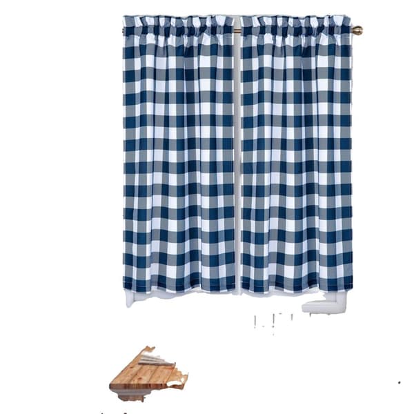Blå Gingham Kort Vinduesgardin, Gennemsigtig Design, Nem Vedligeholdelse,Blå, 28x45 tommer