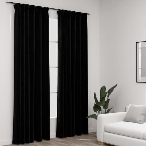 Mörkläggningsgardin med krokar linnelook 2 st svart 140x245 cm