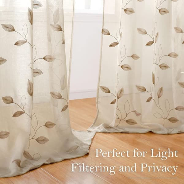 Bomclap Gardinpaneler i Voile med Broderade Blad – 2-pack, 132x213/244cm, Ljusgenomsläppliga Fusk-Linne Gardiner för Sovrum & Vardagsrum