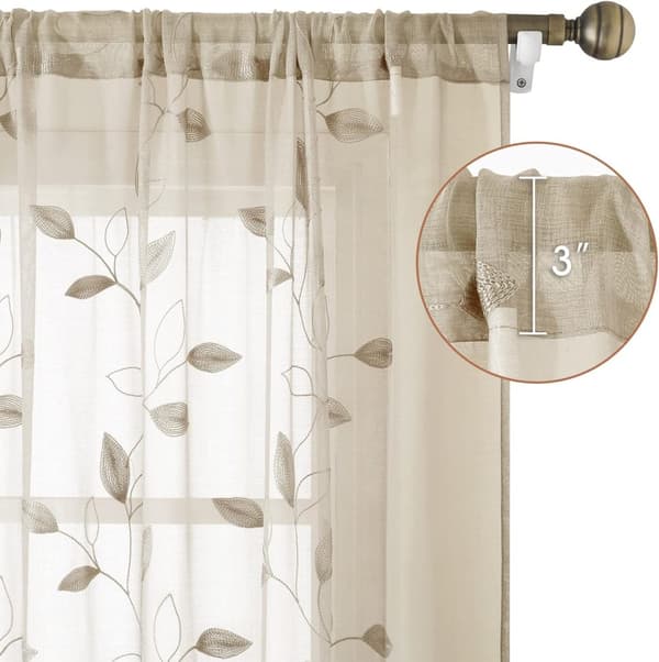 Bomclap Voile Verhopaneelit brodeeratuilla lehdillä – 2 kpl, 132x213/244cm, Valoa läpäisevät keinopellavaverhot makuuhuoneeseen ja olohuoneeseen