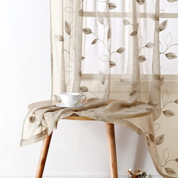 Bomclap Voile Verhopaneelit brodeeratuilla lehdillä – 2 kpl, 132x213/244cm, Valoa läpäisevät keinopellavaverhot makuuhuoneeseen ja olohuoneeseen