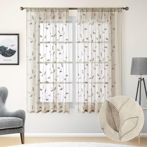 Bomclap Voile Verhopaneelit brodeeratuilla lehdillä – 2 kpl, 132x213/244cm, Valoa läpäisevät keinopellavaverhot makuuhuoneeseen ja olohuoneeseen