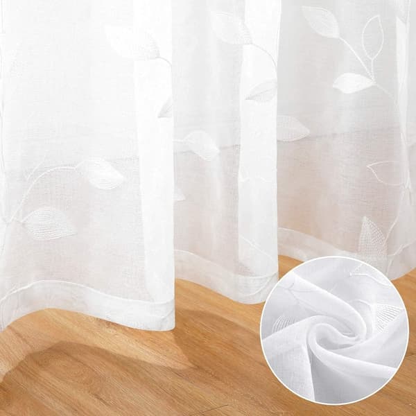 Bomclap Voile Verhopaneelit brodeeratuilla lehdillä – 2 kpl, 132x213/244cm, Valoa läpäisevät keinopellavaverhot makuuhuoneeseen ja olohuoneeseen