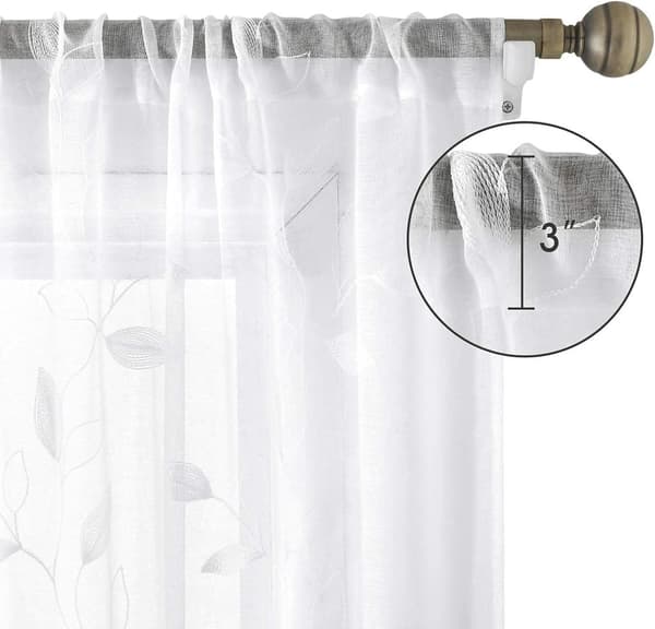 Bomclap Voile Verhopaneelit brodeeratuilla lehdillä – 2 kpl, 132x213/244cm, Valoa läpäisevät keinopellavaverhot makuuhuoneeseen ja olohuoneeseen