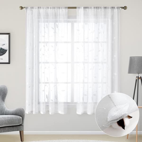Bomclap Voile Verhopaneelit brodeeratuilla lehdillä – 2 kpl, 132x213/244cm, Valoa läpäisevät keinopellavaverhot makuuhuoneeseen ja olohuoneeseen