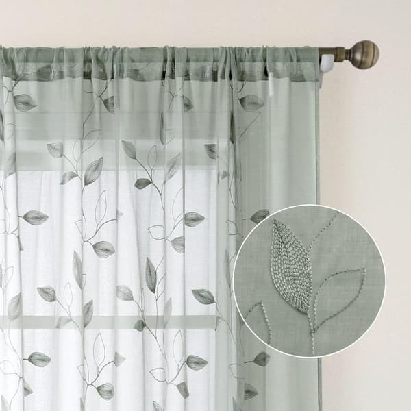 Bomclap Voile Verhopaneelit brodeeratuilla lehdillä – 2 kpl, 132x213/244cm, Valoa läpäisevät keinopellavaverhot makuuhuoneeseen ja olohuoneeseen