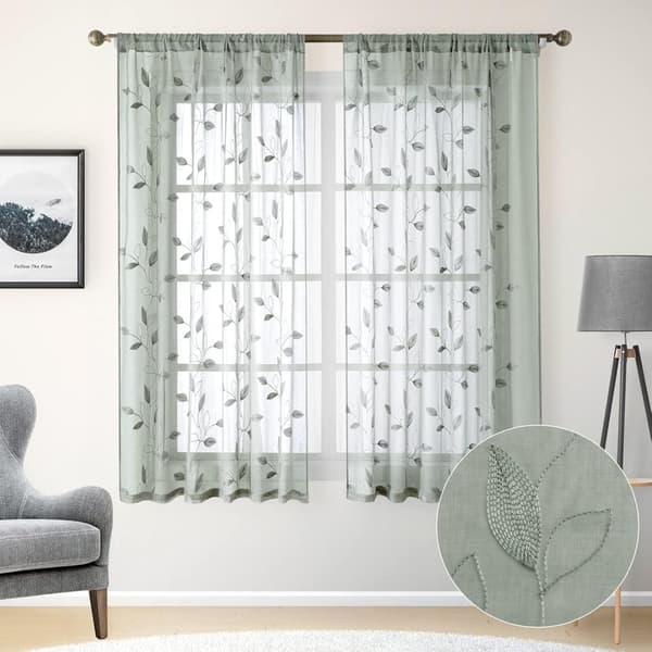Bomclap Voile Verhopaneelit brodeeratuilla lehdillä – 2 kpl, 132x213/244cm, Valoa läpäisevät keinopellavaverhot makuuhuoneeseen ja olohuoneeseen Vihreä 132*244cm